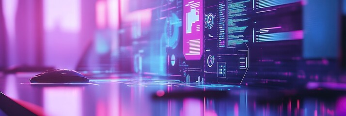 A futuristic workspace featuring glowing screens and a mouse, emphasizing technology and data.