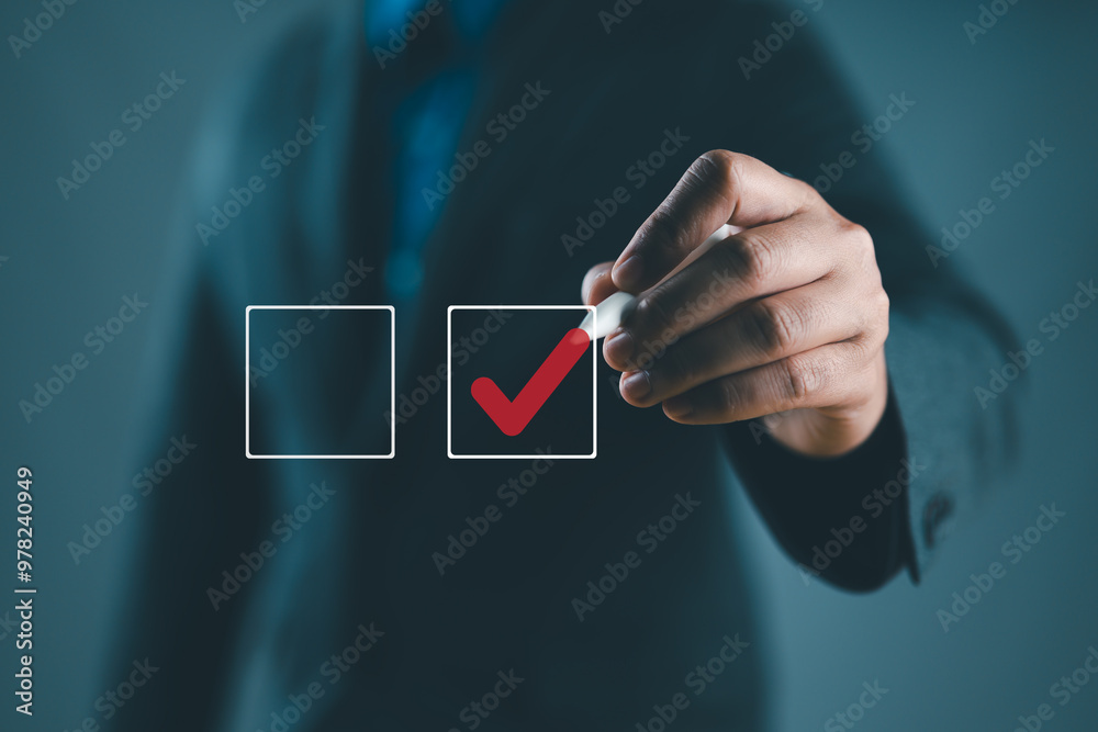 Poster businessman checking mark checklist marker isolated on blue background