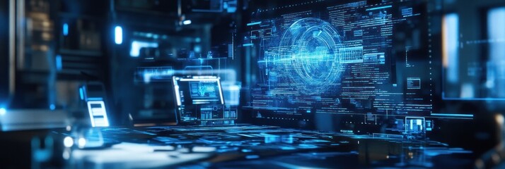 Fototapeta premium Futuristic workspace with digital interfaces and holographic displays.