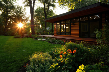 Fototapeta premium A house with a large window and a garden in front of it. The sun is shining on the garden, making it look bright and cheerful