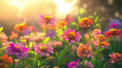 Obraz premium A field of colorful zinnias in full bloom each flower bursting with bright pinks oranges and yellows.