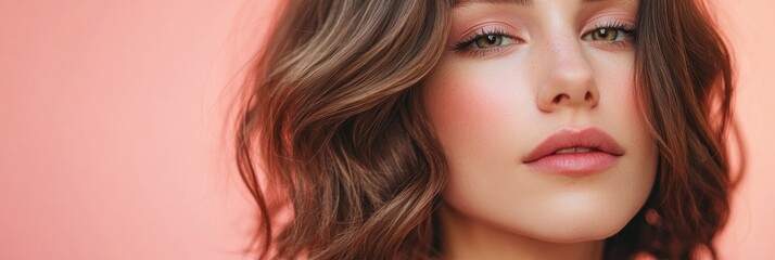 Fototapeta premium Close-up portrait of a woman with soft makeup against a pink backdrop.