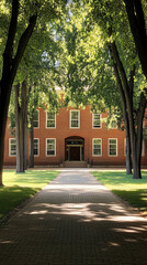 Fototapeta premium A serene pathway lined with trees leading to a historic brick building, perfect for educational or architectural themes.
