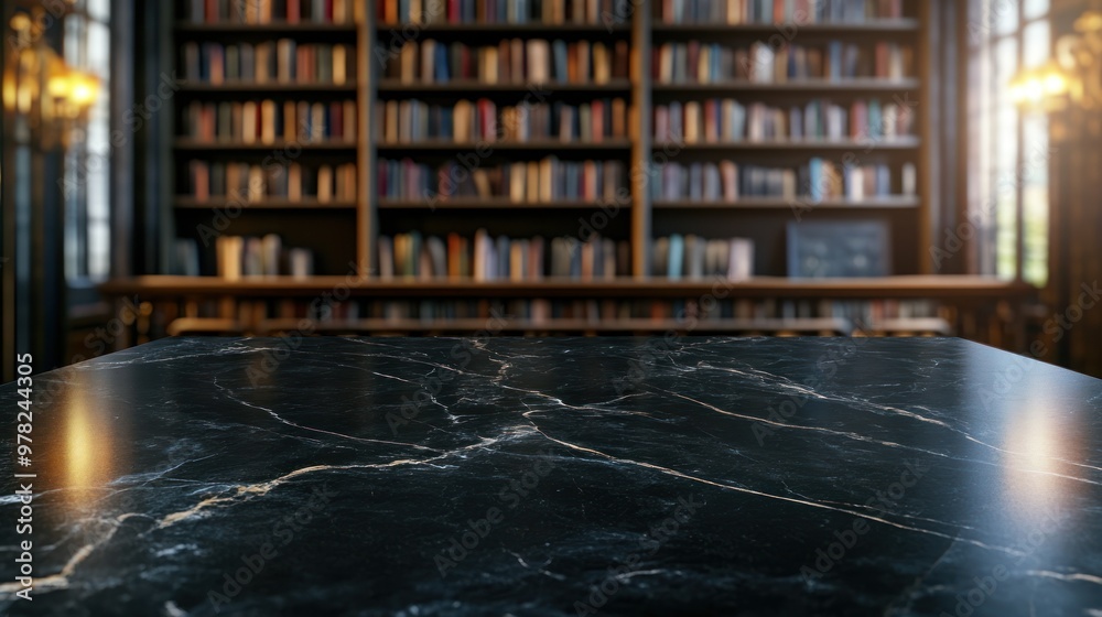 Sticker A close-up view of a dark marble table in front of a library filled with books.