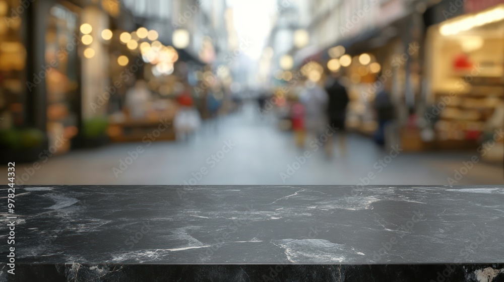 Canvas Prints A blurred street scene with a dark marble countertop in the foreground.