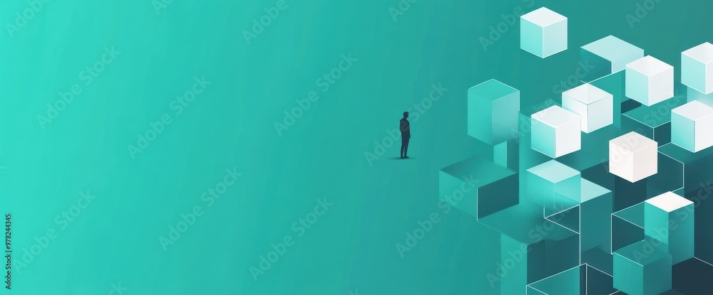 Wall mural A solitary figure stands before abstract cubes, symbolizing exploration and innovation.