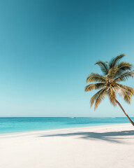 Obraz premium A serene tropical beach scene featuring a single palm tree against a clear blue sky and tranquil turquoise water.