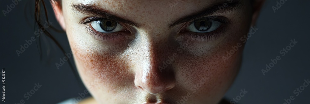 Canvas Prints A close-up portrait of a person with striking eyes and freckles, conveying intensity.