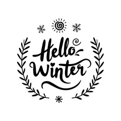 Calligraphy hello winter with natural ornaments