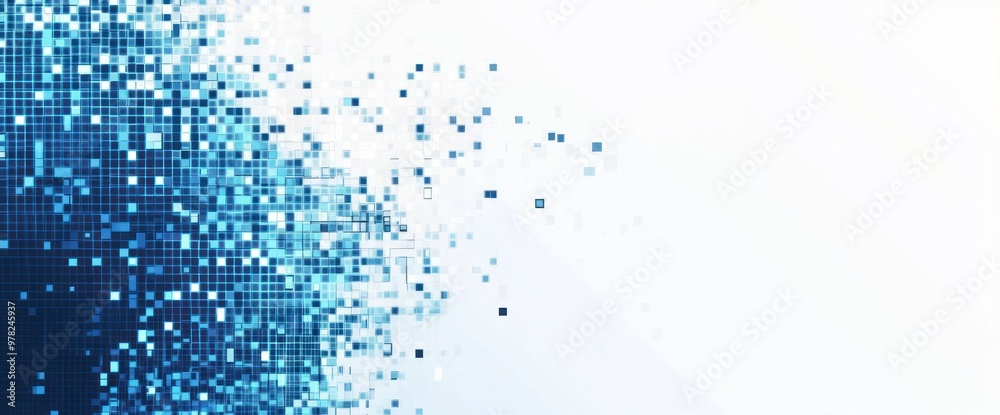 Wall mural abstract blue digital design with pixelated effect fading into a lighter background.