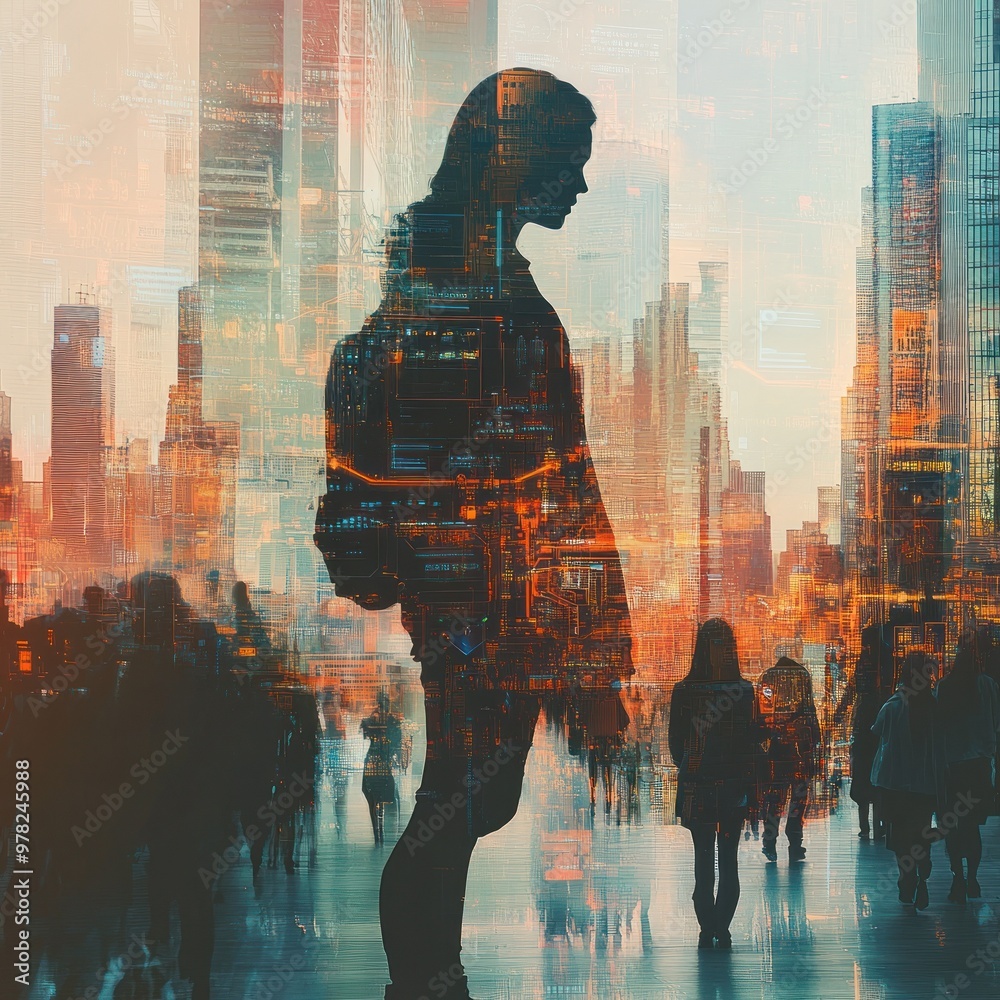 Canvas Prints A silhouette of a person amidst a vibrant, urban landscape, blending human and city elements.