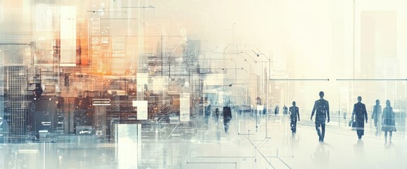 Obraz premium Abstract representation of people in a digital cityscape, symbolizing technology and connectivity.