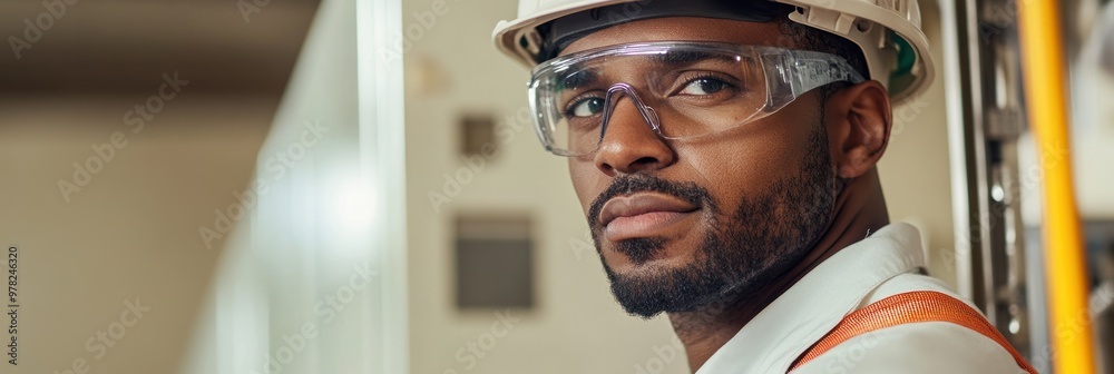 Sticker A focused construction worker in safety gear, ready for tasks on-site.