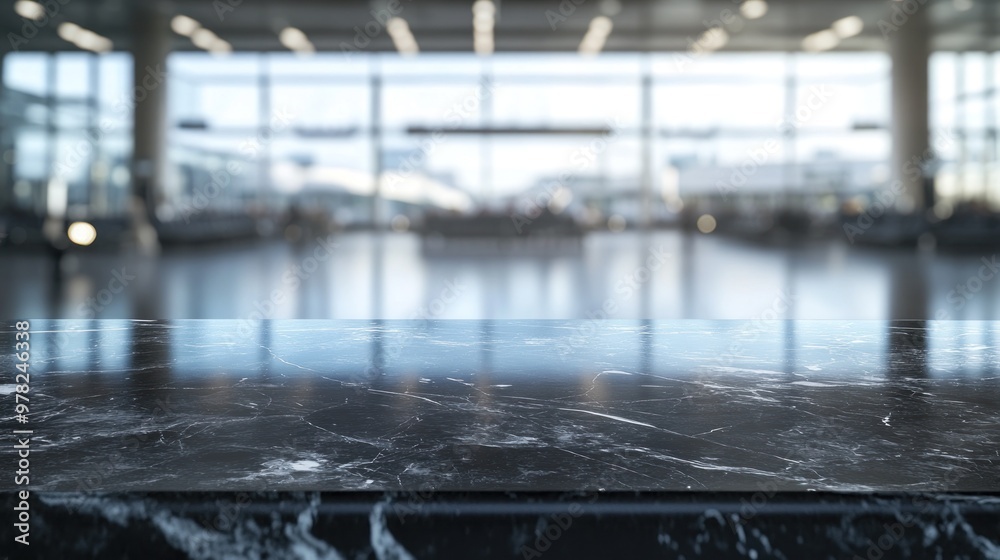 Wall mural A blurred airport terminal view with a sleek black marble countertop in the foreground.