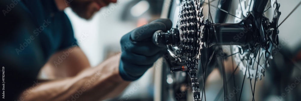 Poster A person repairing a bicycle's rear cassette in a workshop setting.