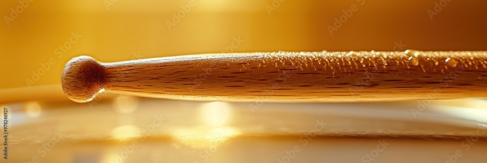 Wall mural A close-up of a wooden drumstick resting on a surface, highlighting its texture and form.