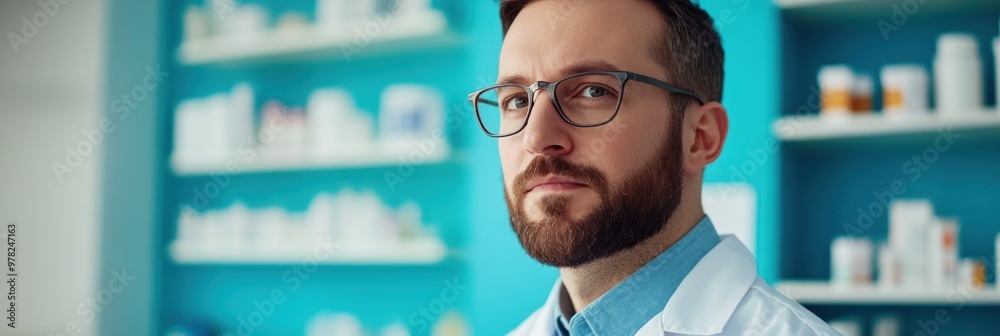 Sticker A focused male pharmacist in a lab coat, standing in a pharmacy with shelves of medications.