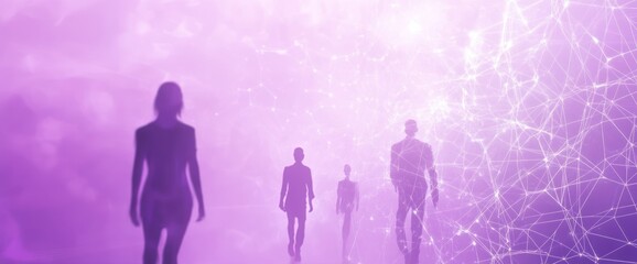 Obraz premium Ethereal figures walking through a digital landscape, symbolizing connection and technology.