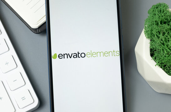 New York, USA - 30 August 2024: Envato Elements Logo on Phone Screen, Company Icon on Display