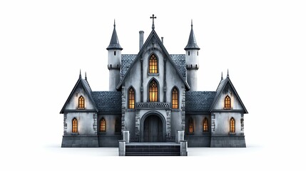 Fototapeta premium Eerie Gothic Halloween Castle in Clear Light and Sharp Detail on White Background