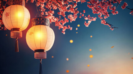 Obraz premium Beautiful lanterns hang among cherry blossoms, creating serene atmosphere