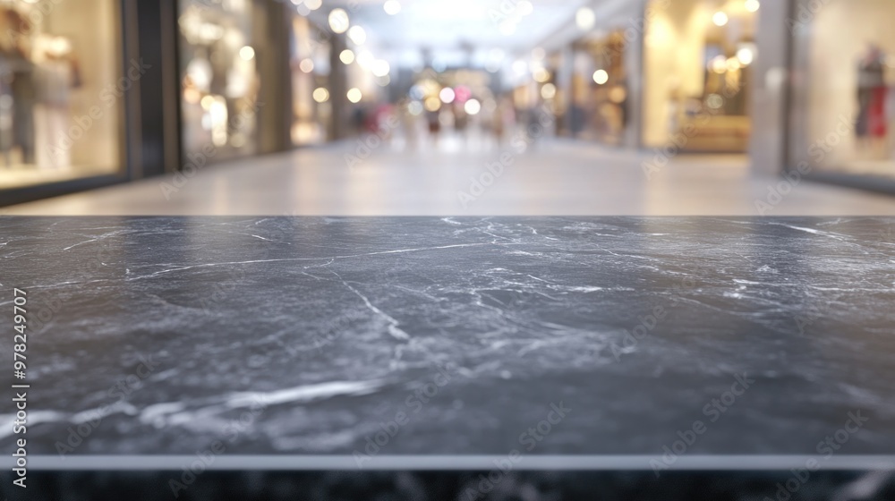 Poster A blurred shopping mall scene with a focus on a marble surface in the foreground.