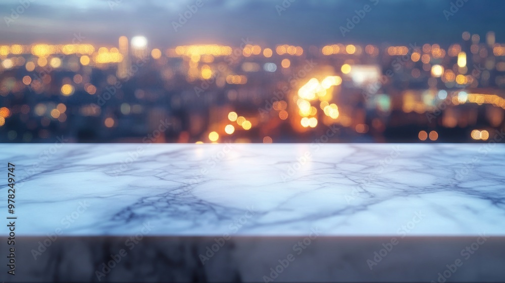 Poster A blurred cityscape at dusk with a marble countertop in the foreground.