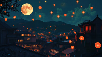 A serene moonlit night with glowing lanterns illuminating landscape