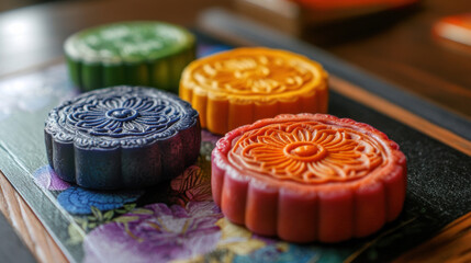 Delightful mooncakes in vibrant colors arranged beautifully on decorative plate