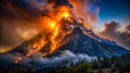 Fototapeta premium A dramatic photo of a mountain engulfed in flames and smoke at midnight