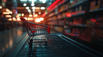 Mini shopping cart on a laptop keyboard in a retail environment
