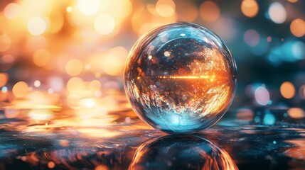 Crystal ball reflecting vibrant light and abstract background