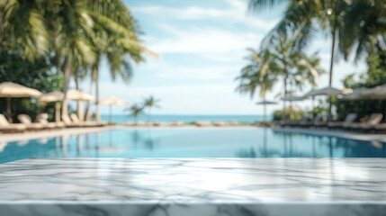 Fototapeta premium A serene poolside view with palm trees and ocean in the background, inviting relaxation.