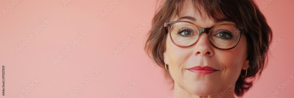 Canvas Prints A close-up portrait of a woman with glasses against a soft pink background.