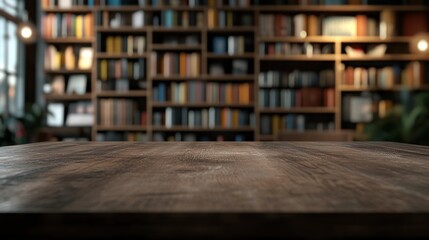 A wooden table in foreground with a blurred bookshelf background, suggesting a cozy reading space.