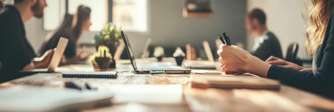 A collaborative workspace with individuals engaged in discussion and using laptops.