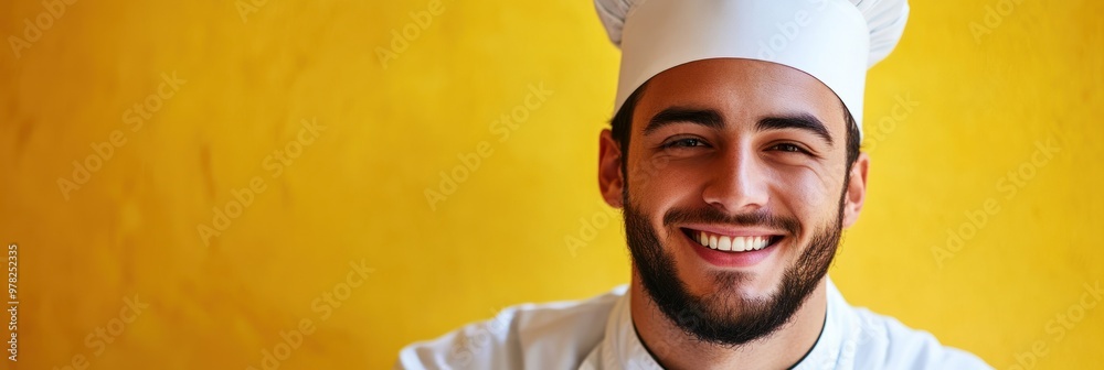 Wall mural A smiling chef in a white uniform and hat against a vibrant yellow background.