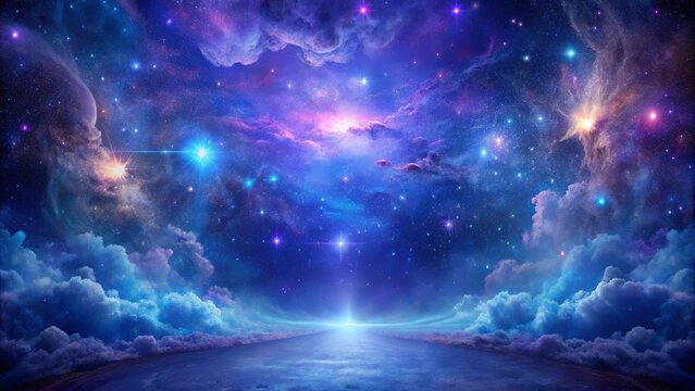 Mystical realm of celestial pathways in indigo and violet hues, filled with stardust and nebulae in the ethereal cosmos