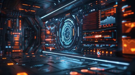 Naklejka premium Tech-themed background with futuristic HUD (Heads-Up Display) elements and data visualizations