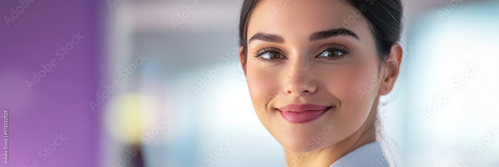 Poster A smiling woman in a professional setting, conveying confidence and approachability.