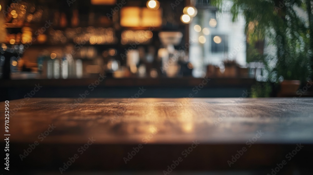 Wall mural A cozy café interior with a wooden table and blurred background ambiance.