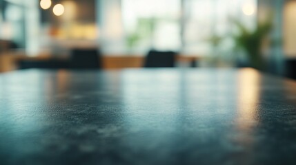 A close-up of a polished tabletop in a modern, softly lit environment.