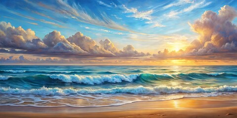 Obraz premium A calming seascape painting featuring crashing waves and a distant horizon