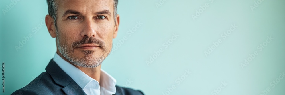 Canvas Prints A confident man in a suit poses against a light blue background.