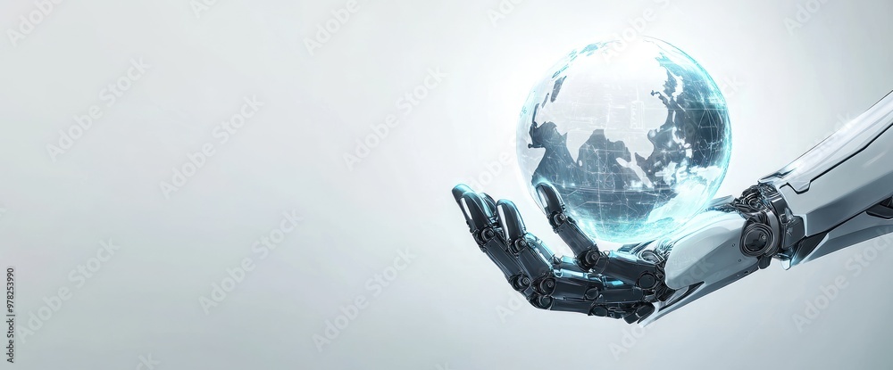 Sticker A robotic hand holds a translucent globe, symbolizing technology's role in global stewardship.