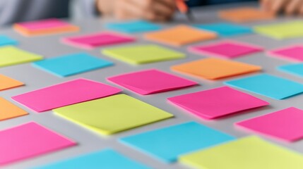 A table covered in colorful sticky notes, ready for brainstorming or organization.