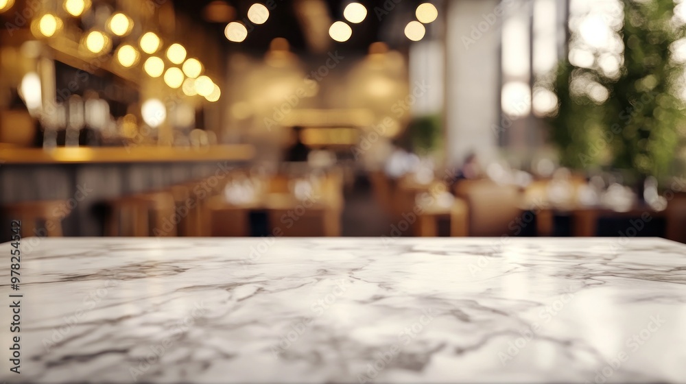 Wall mural A blurred restaurant interior with a marble tabletop in focus, suggesting a dining atmosphere.