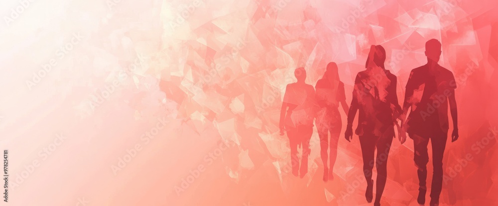 Canvas Prints Silhouettes of people walking against a soft, abstract background in warm tones.