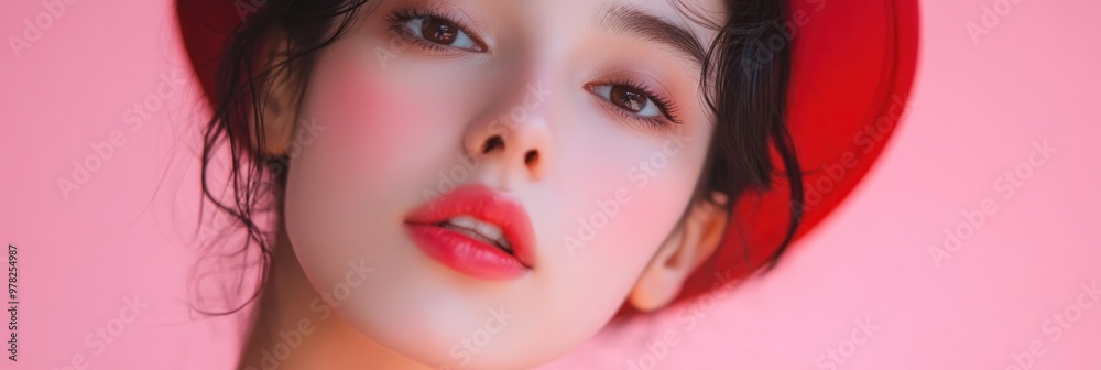 Canvas Prints A close-up portrait of a young woman wearing a red hat against a pink background.