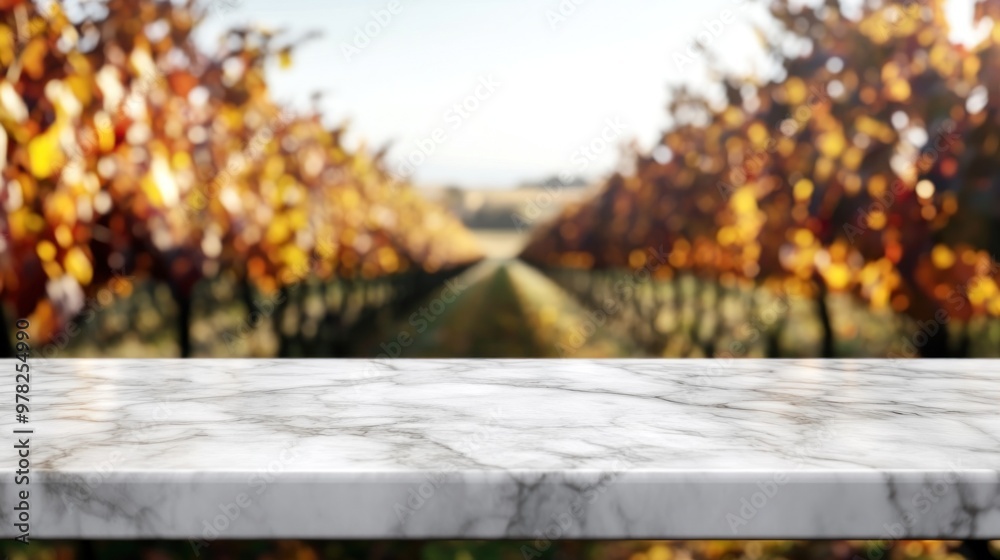 Poster A marble countertop in focus with a vineyard backdrop showcasing autumn foliage.